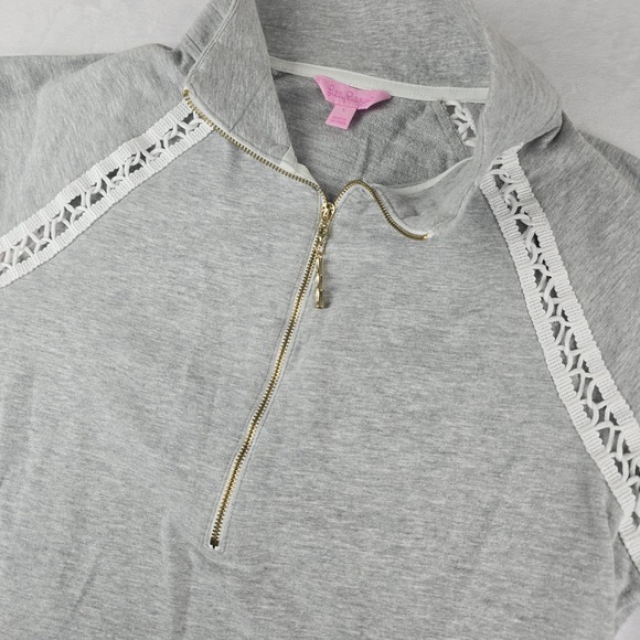 Lilly Pulitzer Pullover Top Womens L Gray Quarter Zip Long Sleeve Lace Trim - Picture 1 of 9